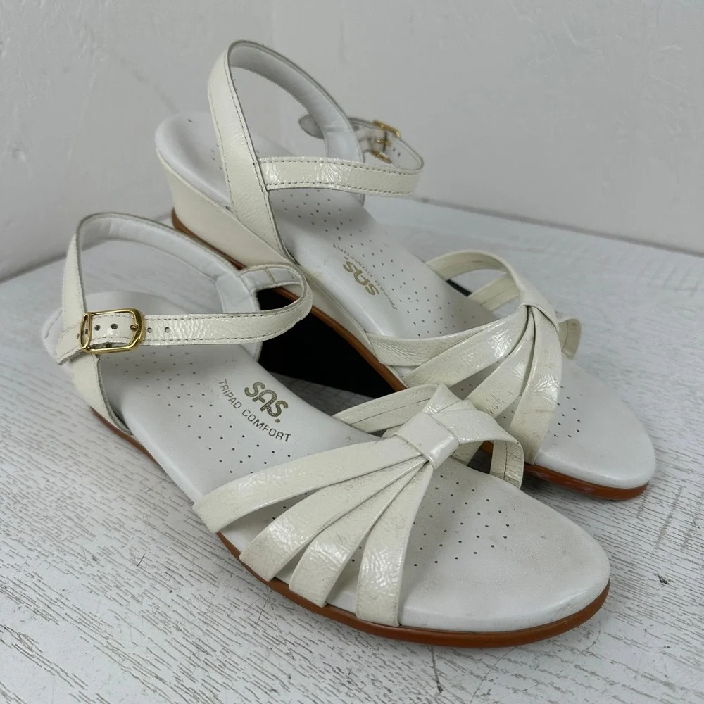 SAS Strippy Tripad Comfort Women's 9 N Cream White Leather Wedge Sandals Strappy